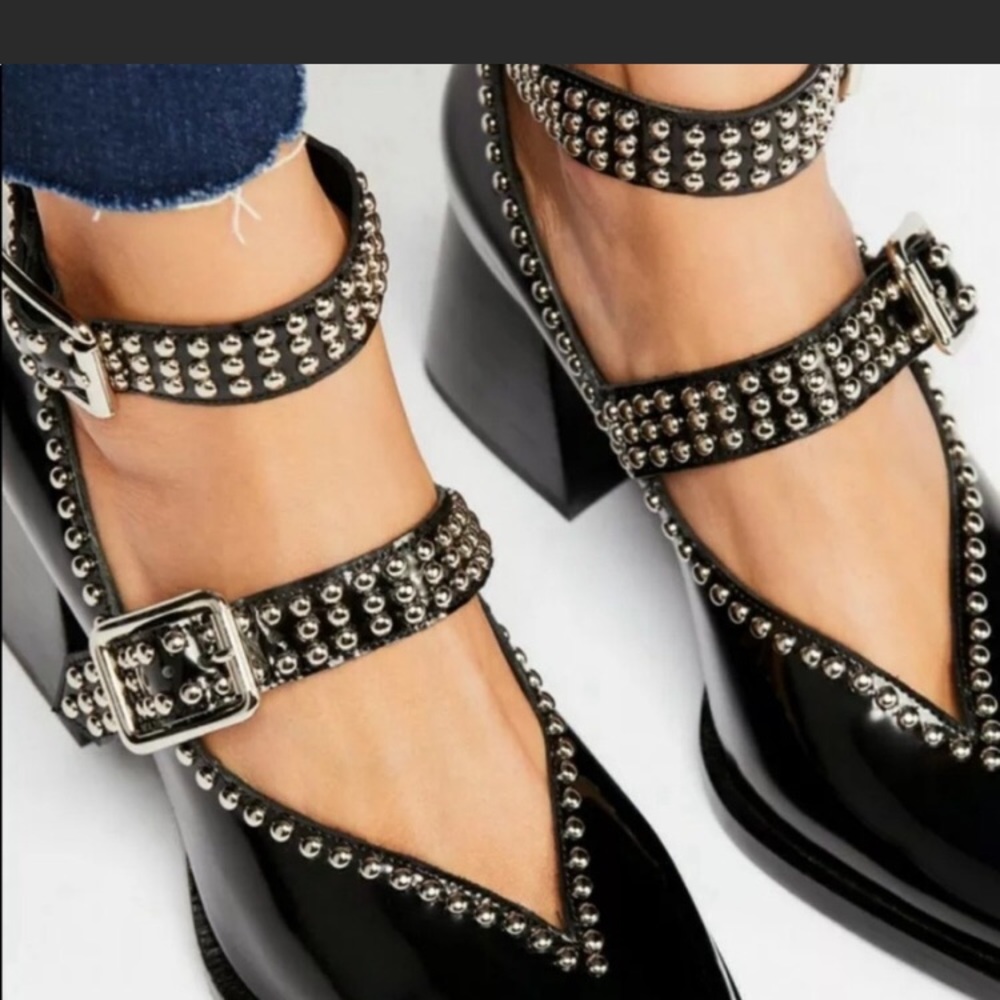 Free People Black Patent Studded Mary Jane Block Heels - Picture 2 of 9